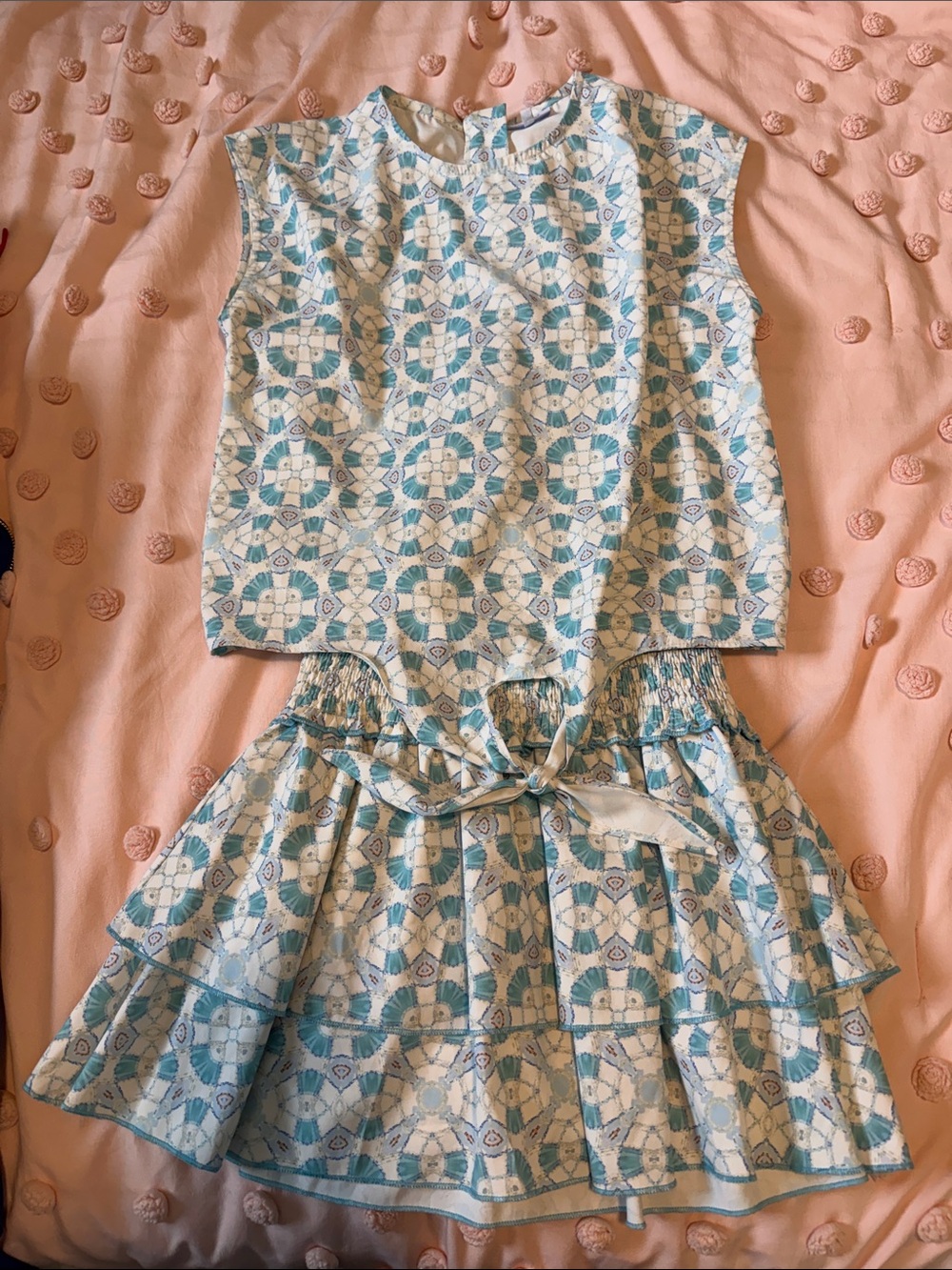 Kids Blue & White Patterned Matching Set - Sleeveless Top & Skirt